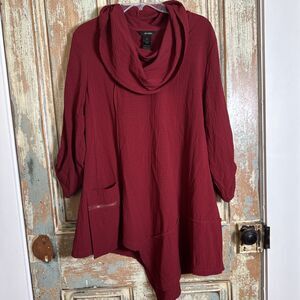 Ali Miles Large Dark Red Wearable Art  3/4 Sleeve Artsy Shirt Top Avante Garde